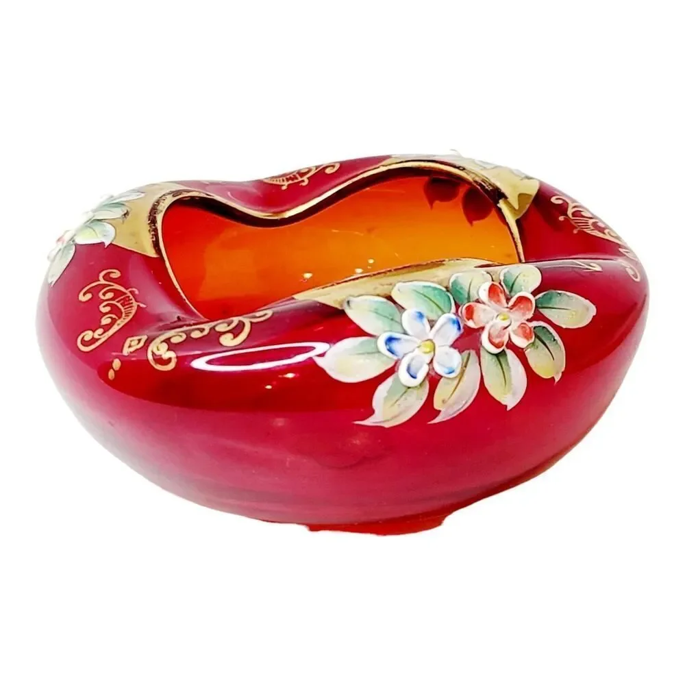 Vtg Hand Painted Bohemian Czech Ruby Red 22K‎ Gold Dish Ashtray Enamel Flowers